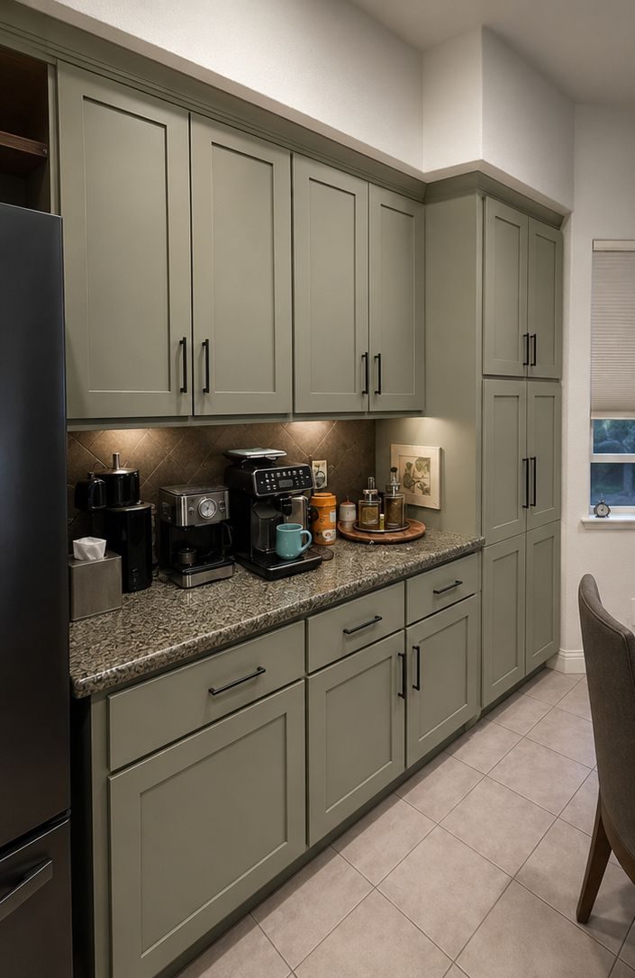 Kitchen cabinetry in Lincoln, California refinished in a sage green