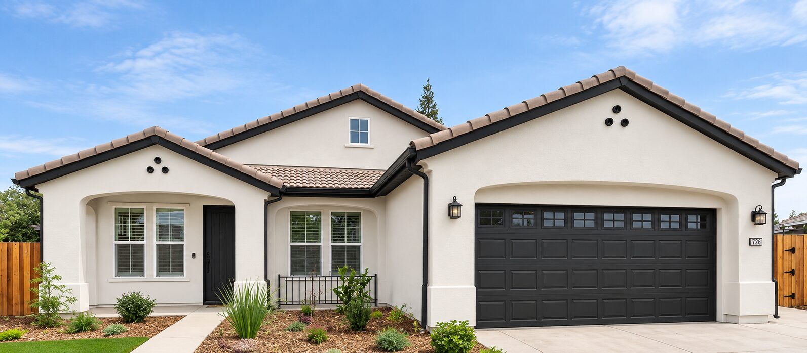 Repainted house exterior in Lincoln, California in white stucco with black trim
